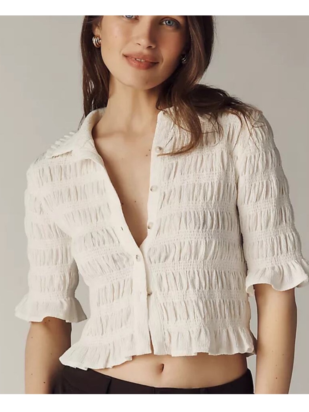 Maeve by Anthropologie Smocked Button Front White Blouse Women's Size L